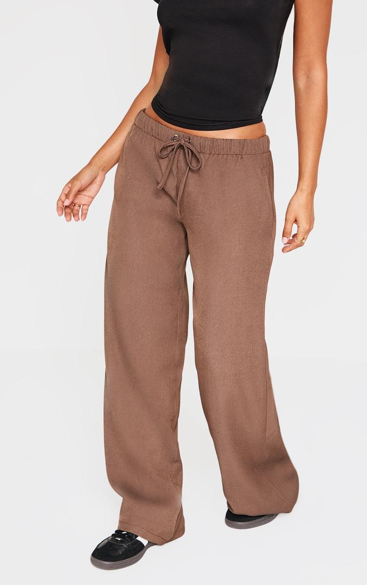 Petite Chocolate Premium Woven Drawstring Waistband Low Rise Pants Product Image