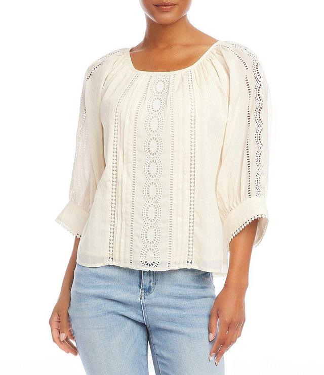 Karen Kane Embroidered Lace Inset Cotton Scoop Neck Blouson Sleeve Top Product Image