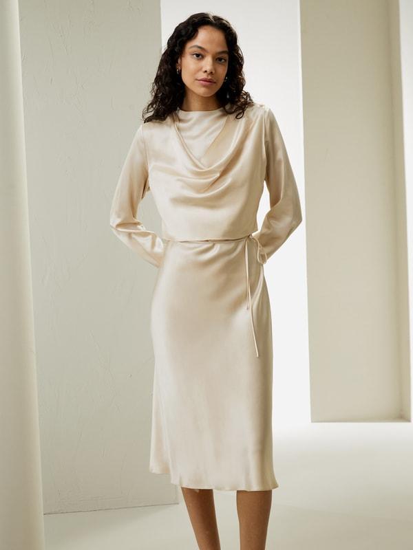 Mock Neck Silk Midi Dress Product Image