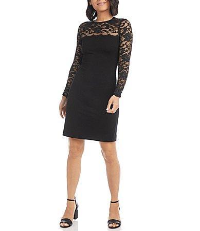 Karen Kane Jersey Knit Crew Neck Long Sleeve Sheath Lace Dress Product Image