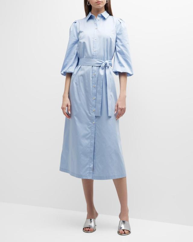 Misook Puff-Sleeve Belted Midi Shirtdress - Size: X-LARGE - CIRRUS BLUE Product Image