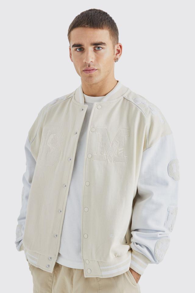 Mens Cream Oversized Boxy Jersey Varsity Bomber Jacket, Cream Product Image