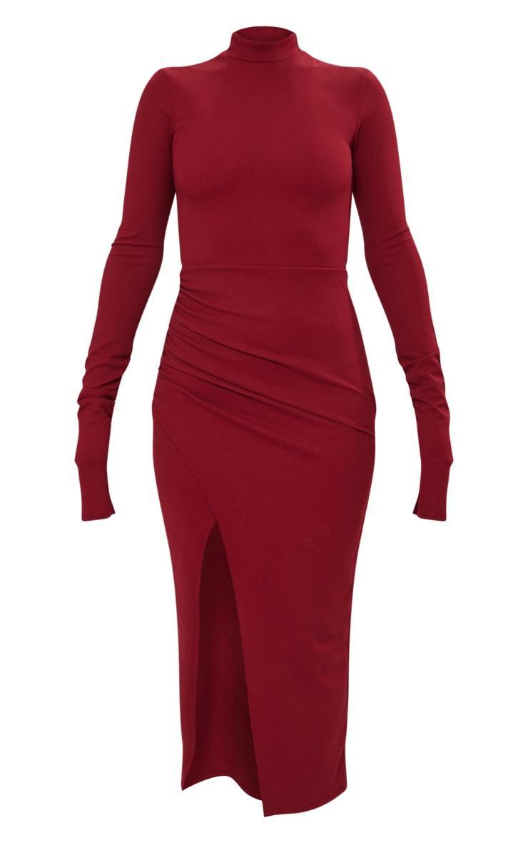 Cherry Red Crepe High Neck Split Sleeved Midi Dress Product Image