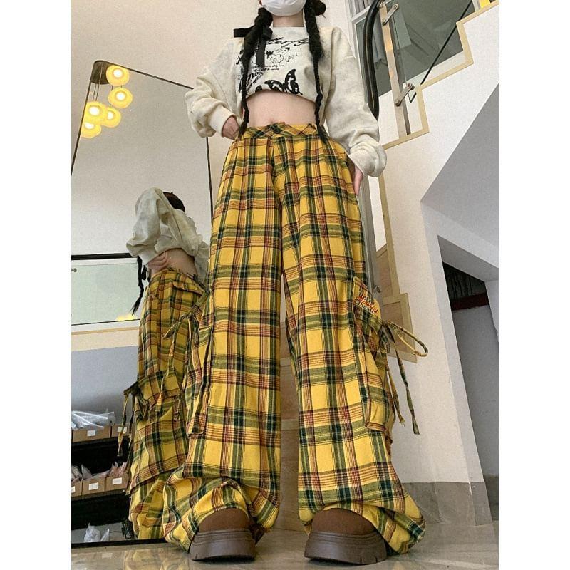 High Waist Plaid Wide Leg Cargo Pants Product Image