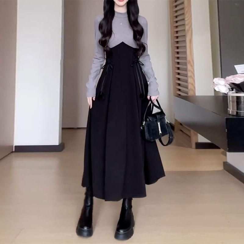 Long Sleeve Mock Neck Two Tone A-Line Midi Dress Product Image