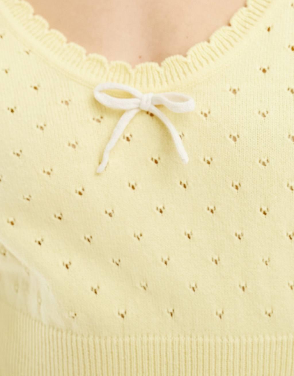 ASOS DESIGN knit long sleeve top in pointelle stitch with contrast bow detail in lemon Product Image