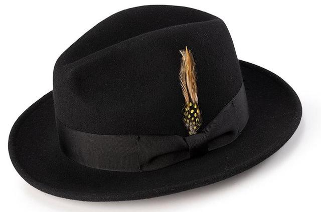 Wool Felt Fedora Pinch Front with Feather Accent in Black Product Image