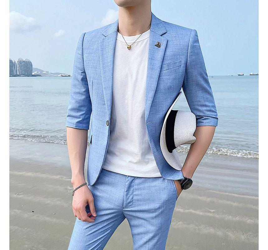 Set: Elbow-Sleeve Lapel Collar Single Button Blazer + High Waist Plain Dress Pants Product Image