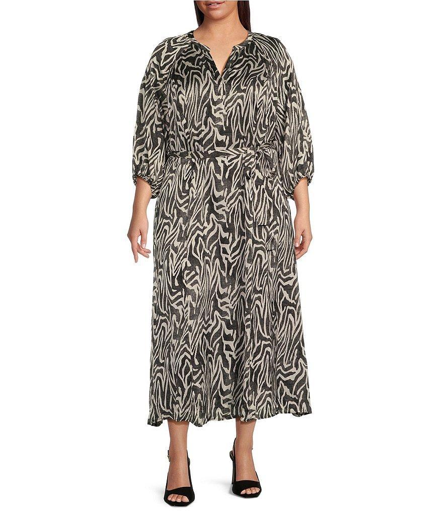 Vince Camuto Plus Size Wild Zebra Print Satin Yoryu V-Neck 3/4 Sleeve Belted A-Line Midi Dress Product Image