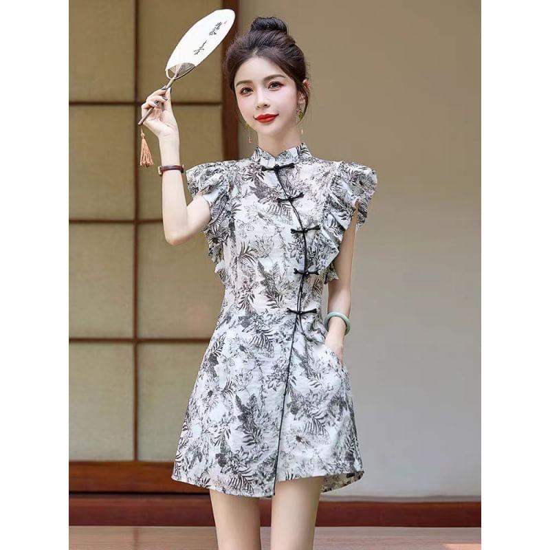 Set: Sleeveless Band Collar Floral Mini A-Line Dress + Shorts Product Image