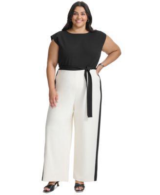 Plus Size Tie-Waist Wide-Leg Scuba Crepe Jumpsuit  Product Image