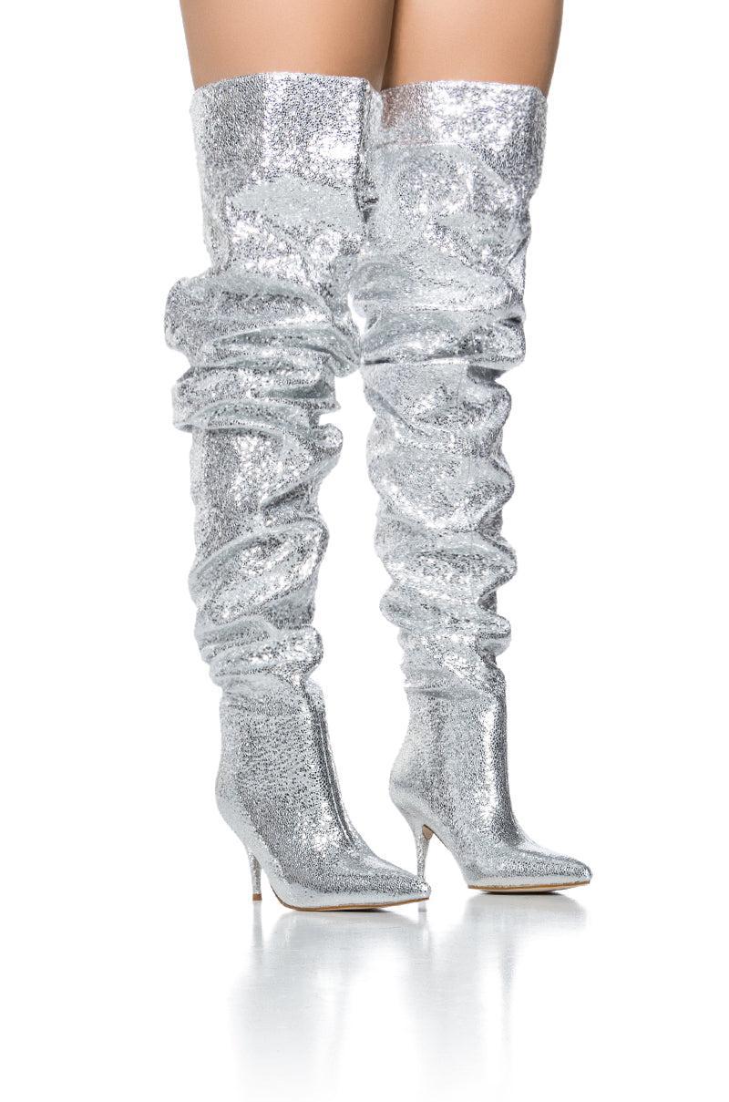 AZALEA WANG SEIRA SCRUNCHED METALLIC THIGH HIGH BOOT IN SILVER Product Image