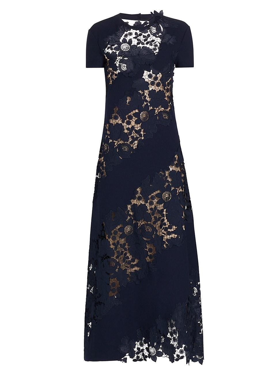 Oscar de la Renta Short Sleeve Lace Inset Midi Dress Product Image