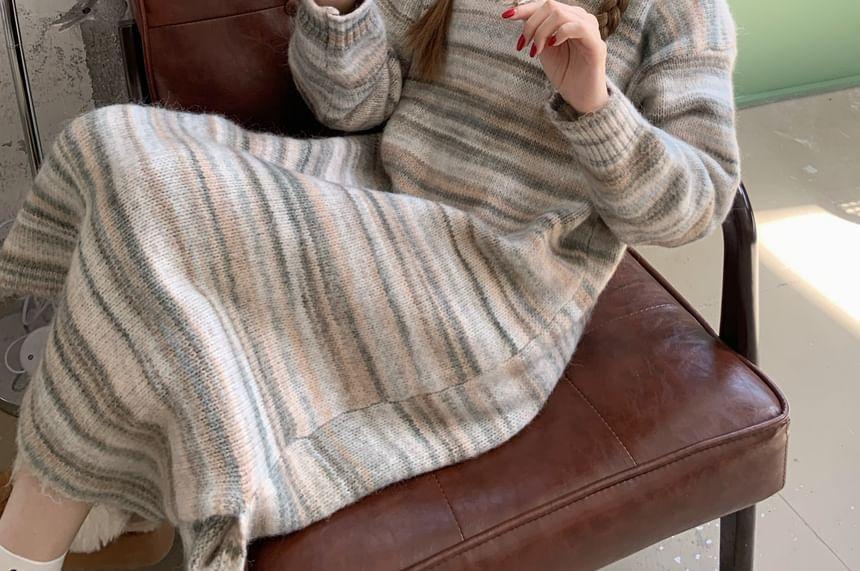 Long-Sleeve Striped Hooded Maxi Sweater Dress Product Image