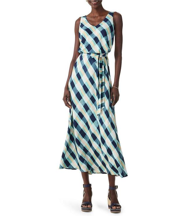 NIC + ZOE Bianca Painted Plaid Print V-Neck Sleeveless Belted Midi Dress Product Image