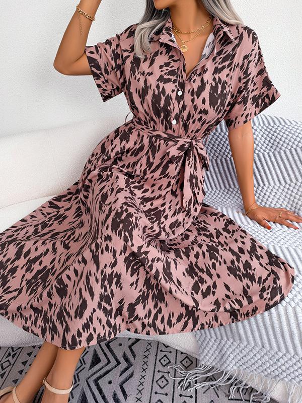 Loose Short Sleeves Leopard Ribbed Lapel Midi Dresses Product Image