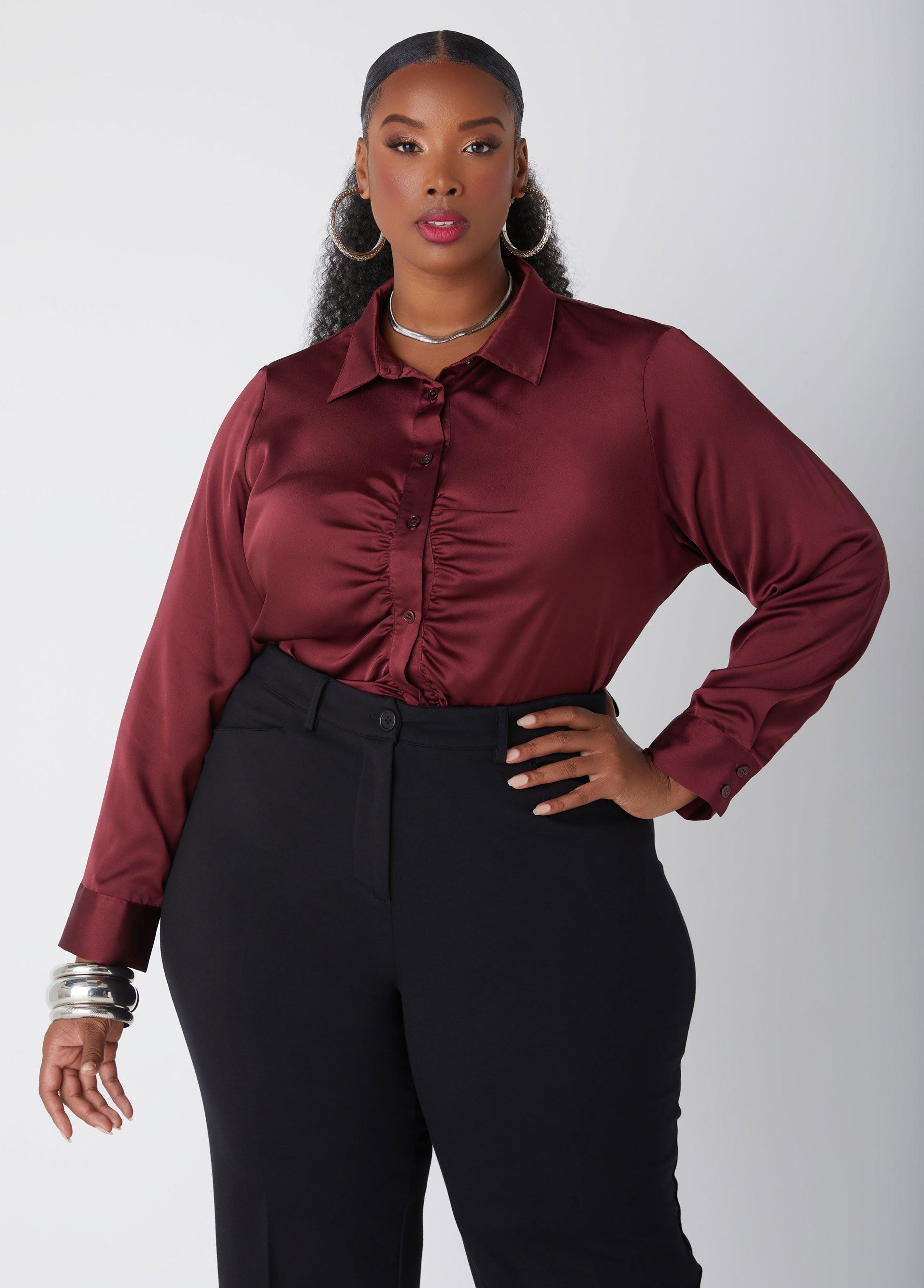 Plus Size Ruched Front Satin Shirt Ashley Stewart Product Image