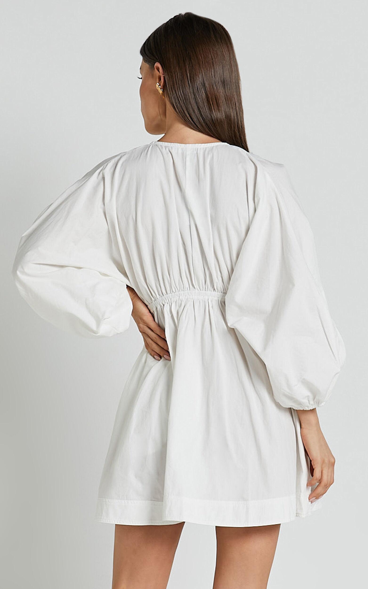 Josette Mini Dress - Plunge Neck Balloon Sleeve Smock Dress in Off White Product Image