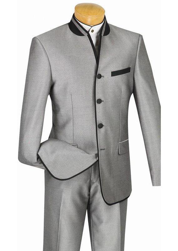 (40L) Banded Collar Slim Fit Suit Shiny Sharkskin 2 Piece Gray Product Image