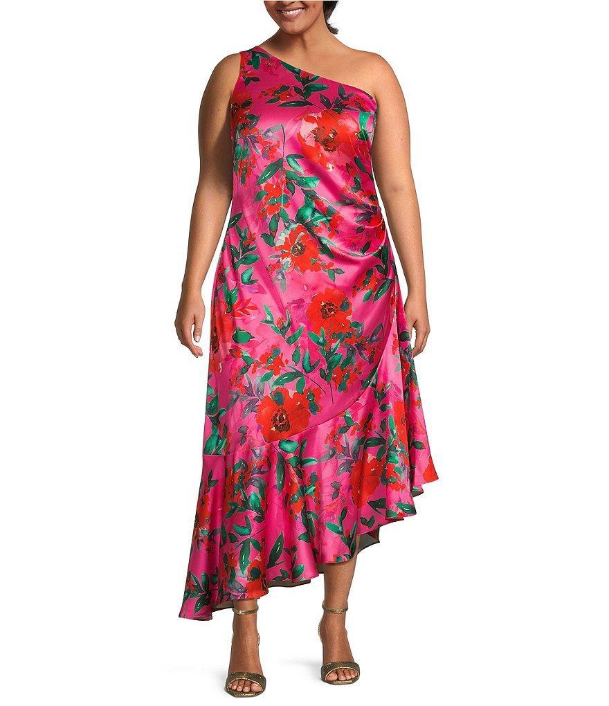 Eliza J Plus Size One Shoulder Sleeveless Ruffle Hem Floral Satin Midi Dress Product Image