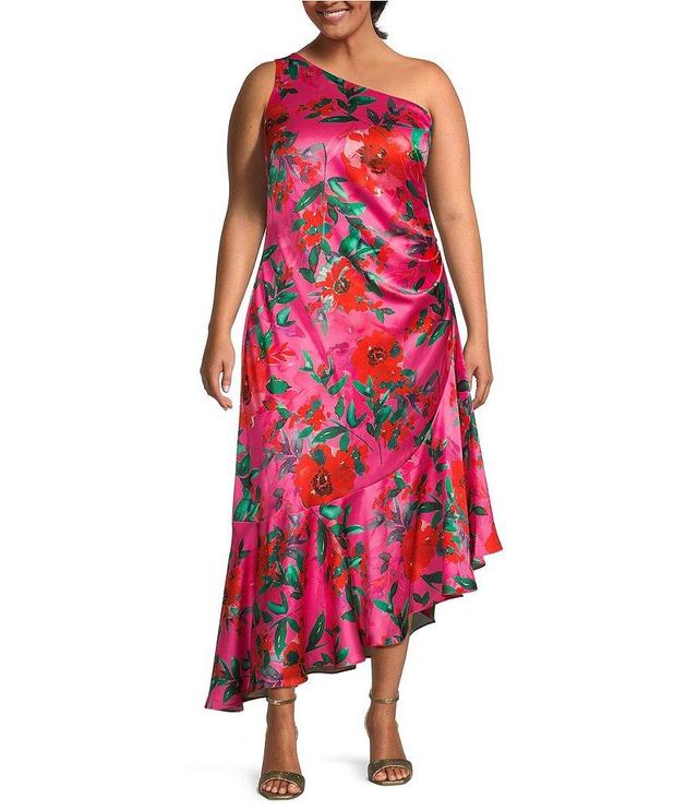 Eliza J Plus Size One Shoulder Sleeveless Ruffle Hem Floral Satin Midi Dress Product Image