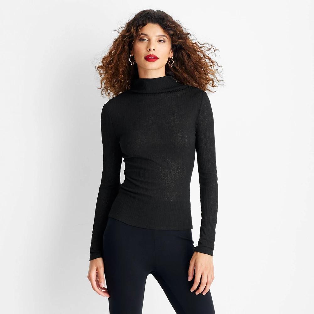 Womens Slim Fit Long Sleeve Mock Neck Sheer Ribbed Top - Future Collective Black Product Image