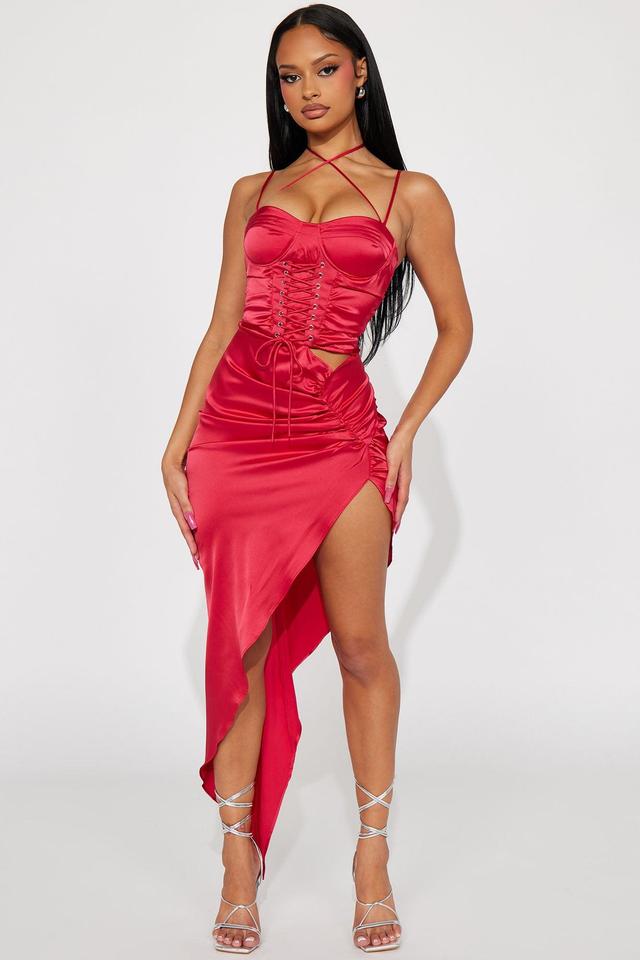 Lace Up Satin Maxi Dress - Red Product Image