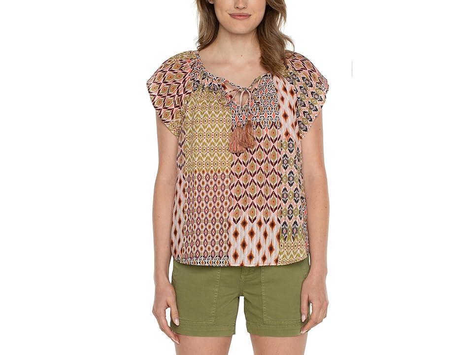 Liverpool Los Angeles Flutter Sleeve Woven Top with Tie Detail (Geo Patchwork) Women's Clothing Product Image