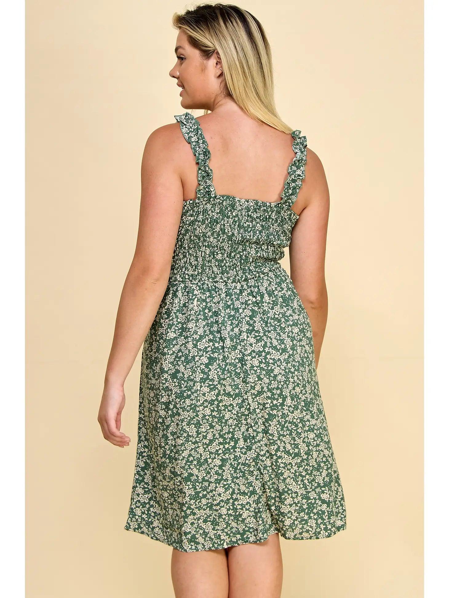 Green Floral Smock Detail Lace Up Detail Dress Female Product Image