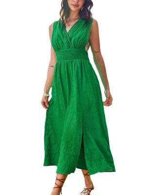 Cupshe Womens Green Crosshatch Trim Sleeveless Midi Beach Dress Product Image