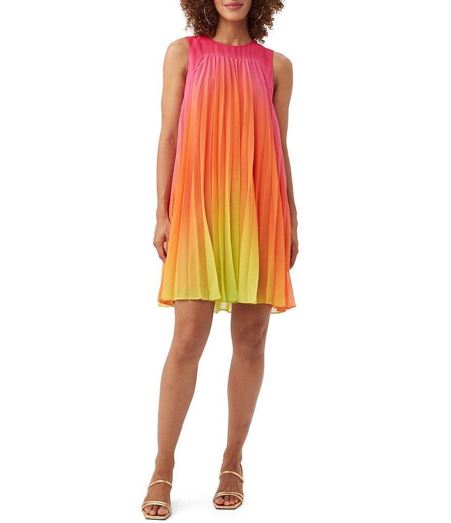 Trina Turk Jalina Sunset Ombre Print Crew Neck Sleeveless Pleated Shift Dress Product Image