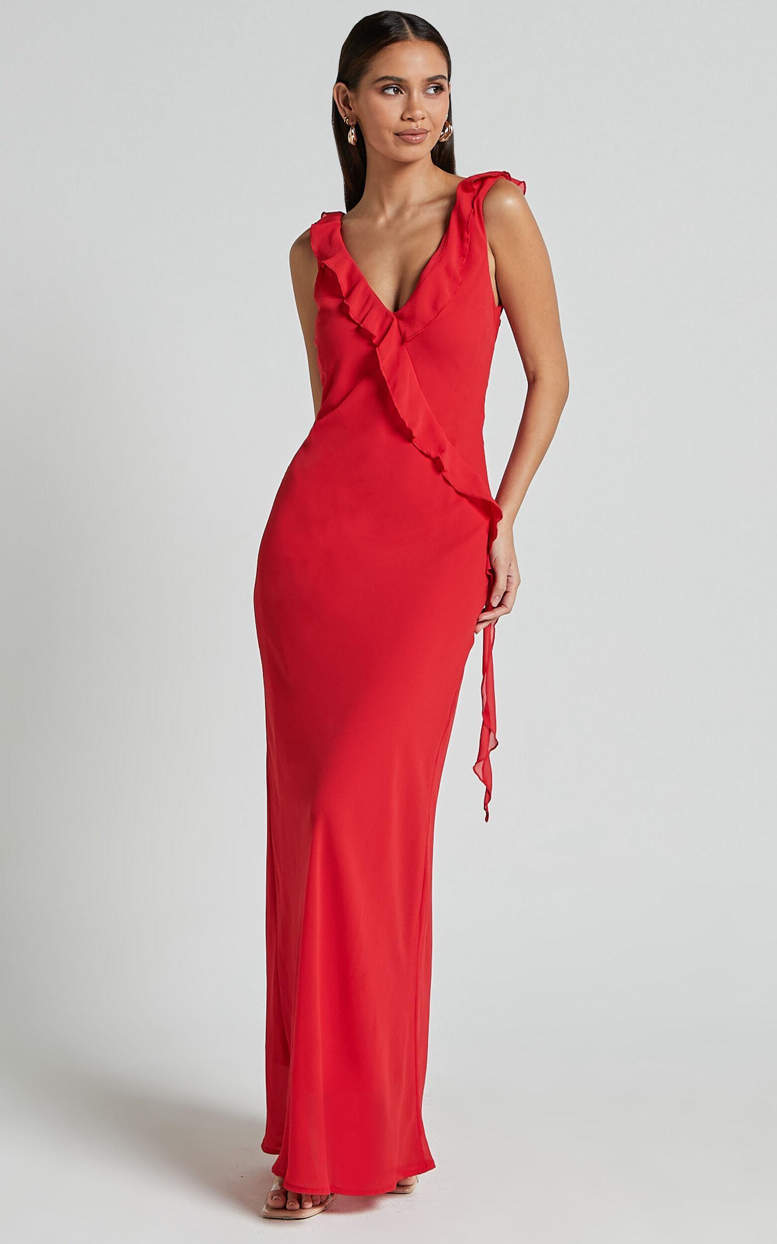 Laurie Midi Dress - Plunge Frill Detail Slip Dress in Red Product Image