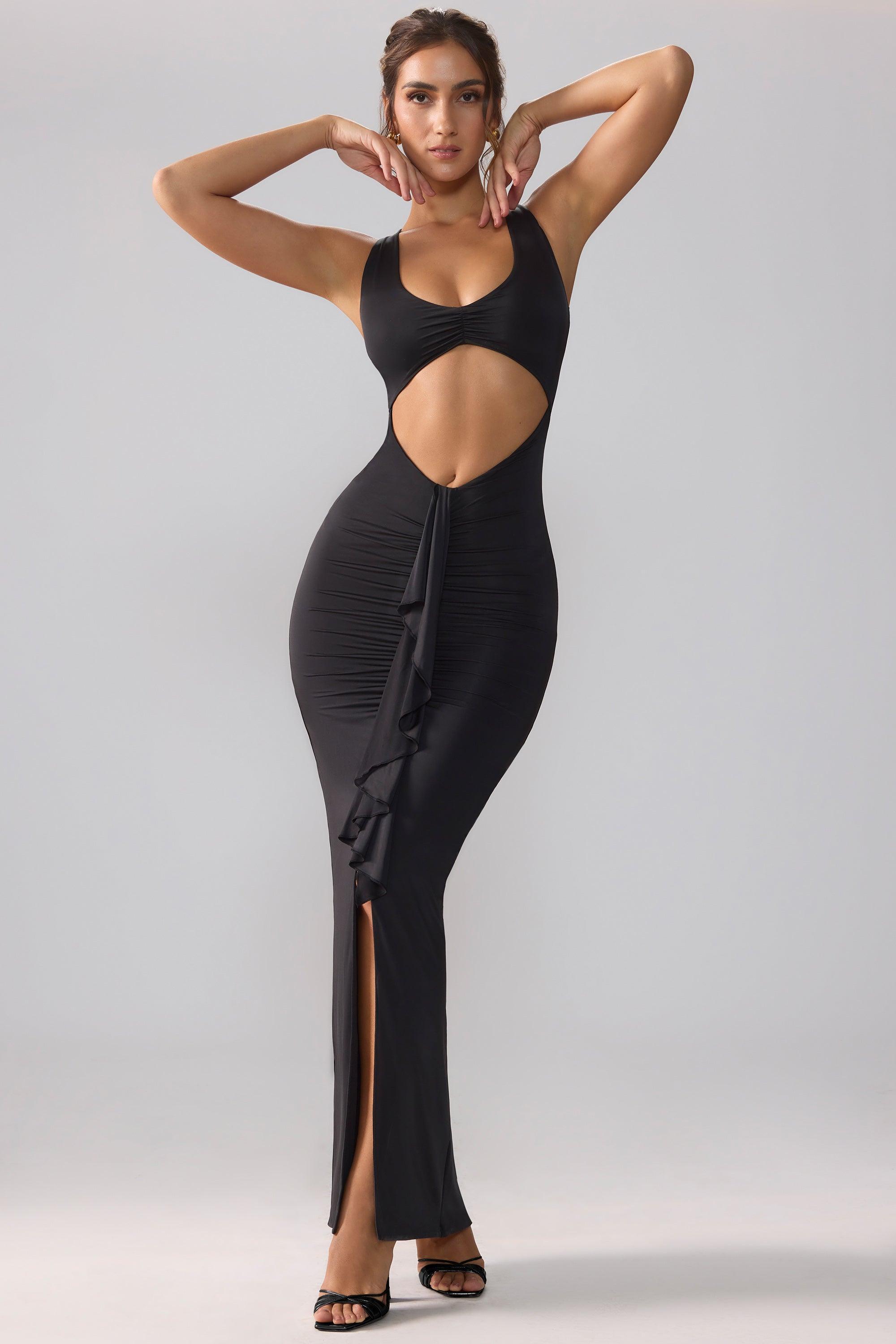 Slinky Jersey Cut Out Ruffle Racerback Maxi Dress in Black Product Image