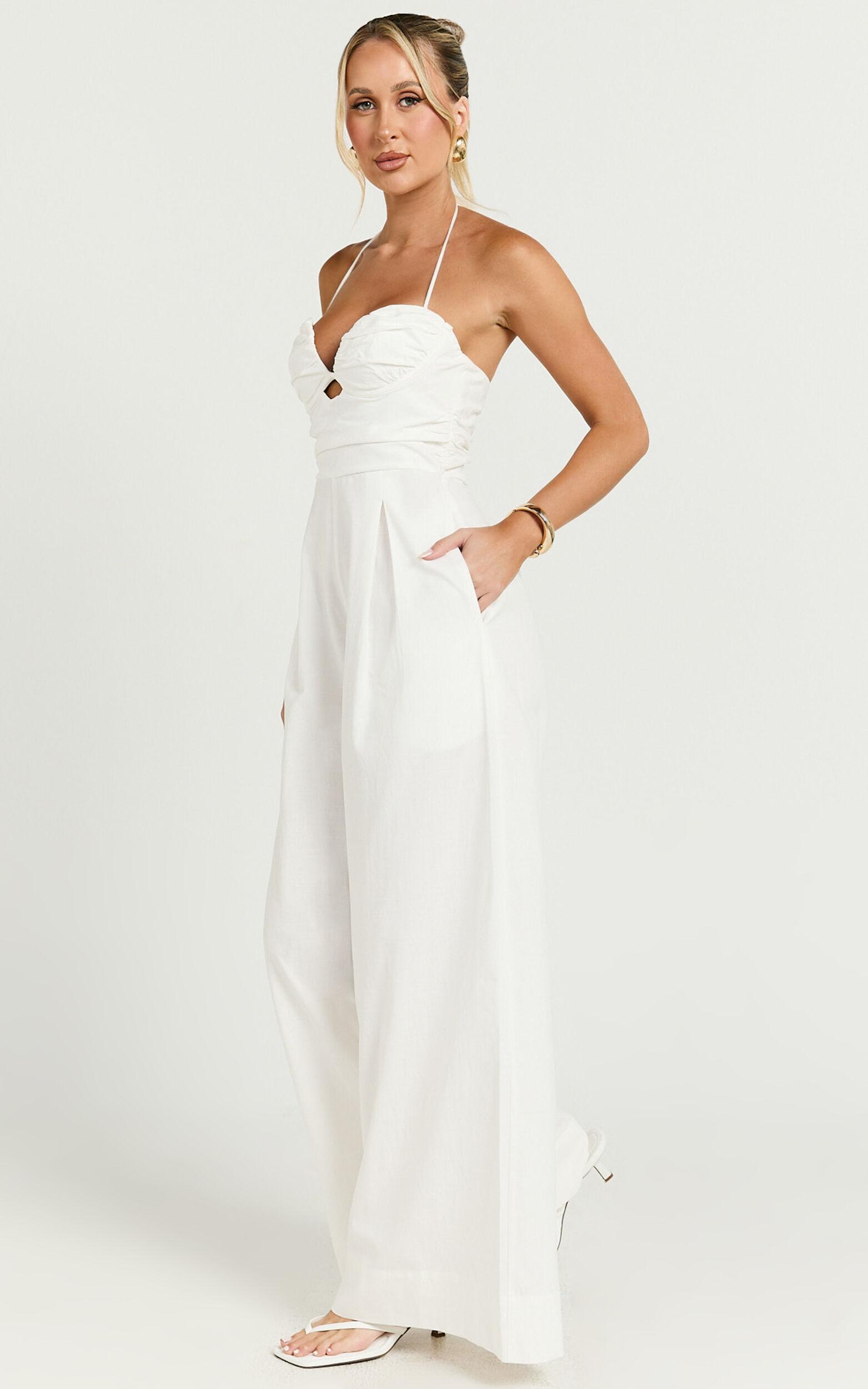 Norah Jumpsuit - Linen Look Halter Neck Wide Leg Jumpsuit in White Product Image