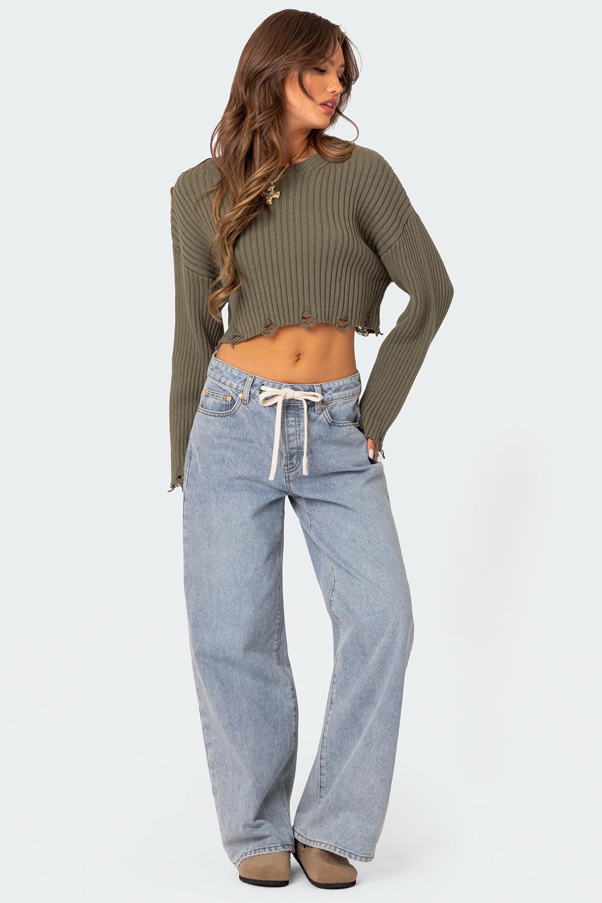 Distressed Hem Oversized Cropped Sweater Product Image