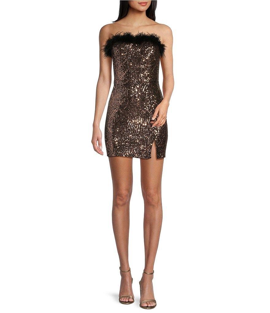 Xtraordinary Strapless Pattern Sequin Feather Trim Bodycon Dress Product Image