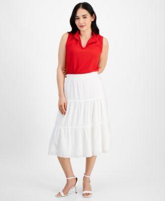 Petite Collared Top & Tiered Midi Skirt Product Image