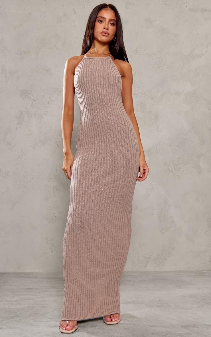 Petite Deep Taupe Knitted Open Back Maxi Dress Product Image