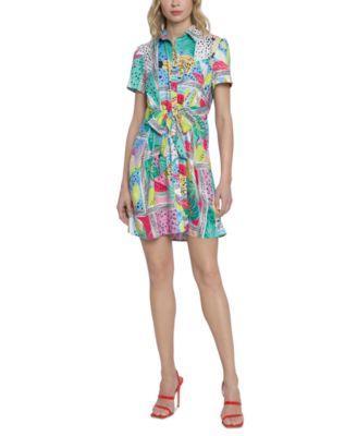 Donna Morgan Womens Printed Tie-Waist Shirt Dress Product Image