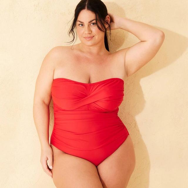 Womens Twist-Front Shirred Full Coverage Bandeau Tummy Control One Piece Swimsuit - Shade & Shore Red 14 Product Image