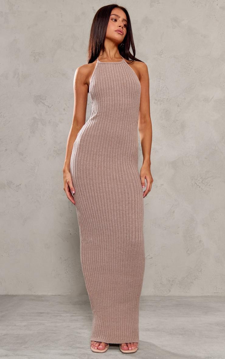 Petite Deep Taupe Knitted Open Back Maxi Dress Product Image