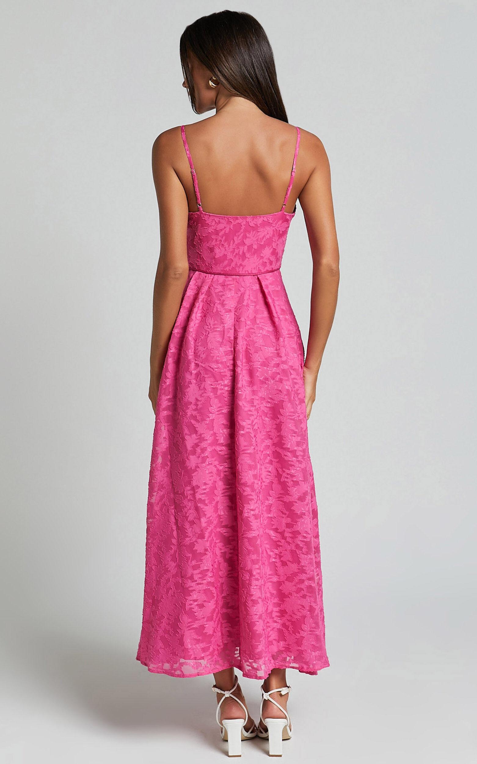 Philine Midi Dress - Jacquard Plunge Fit and Flare Dress in Pink Product Image