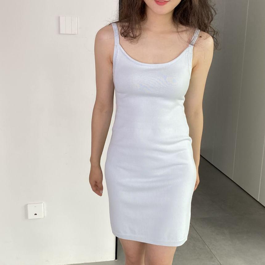 Spaghetti Strap Scoop Neck Plain Mini Bodycon Dress Product Image