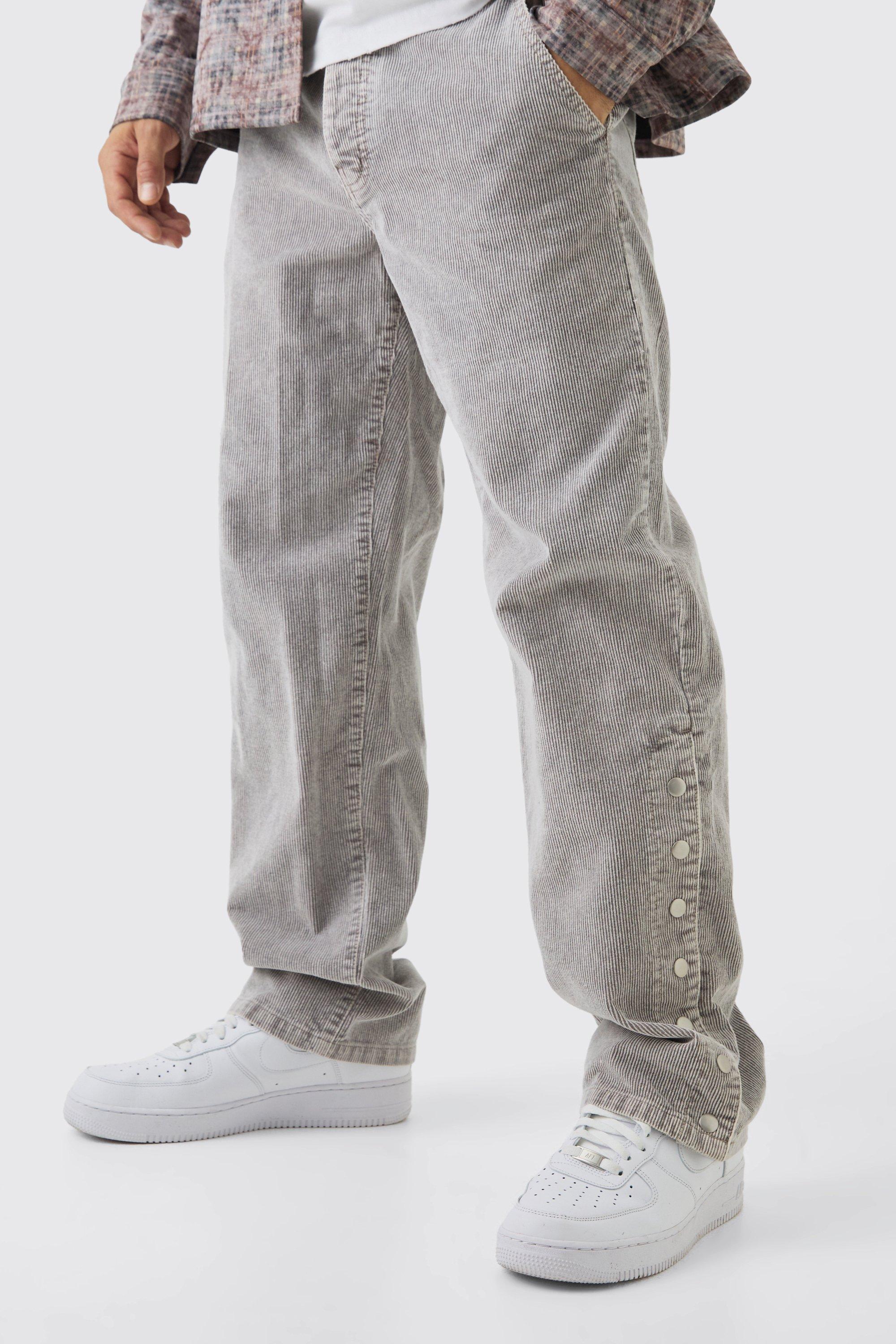 Mens Grey Relaxed Acid Wash Cord Popper Hem Trouser, Grey product image