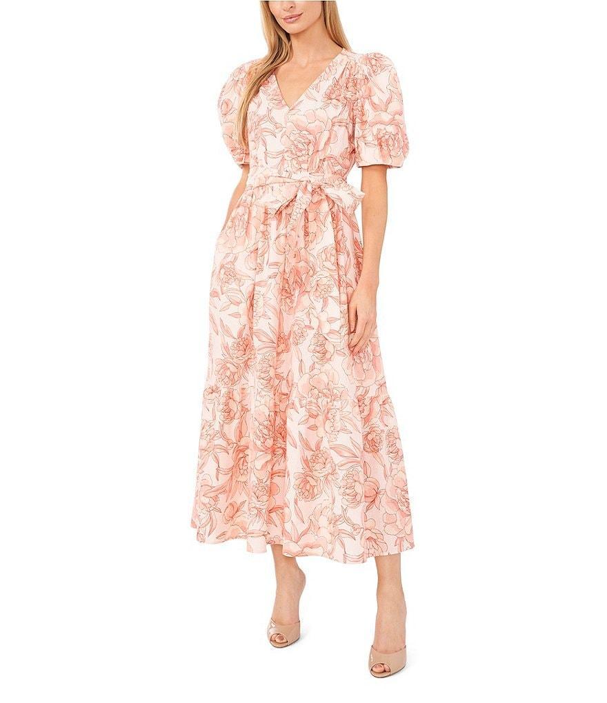 CeCe Linen Blend Floral Print V-Neck Short Puff Sleeve Belted A-Line Dress Product Image