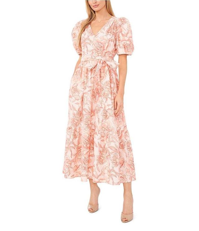 CeCe Linen Floral Print V-Neck Short Puff Sleeve Belted A-Line Dress Product Image