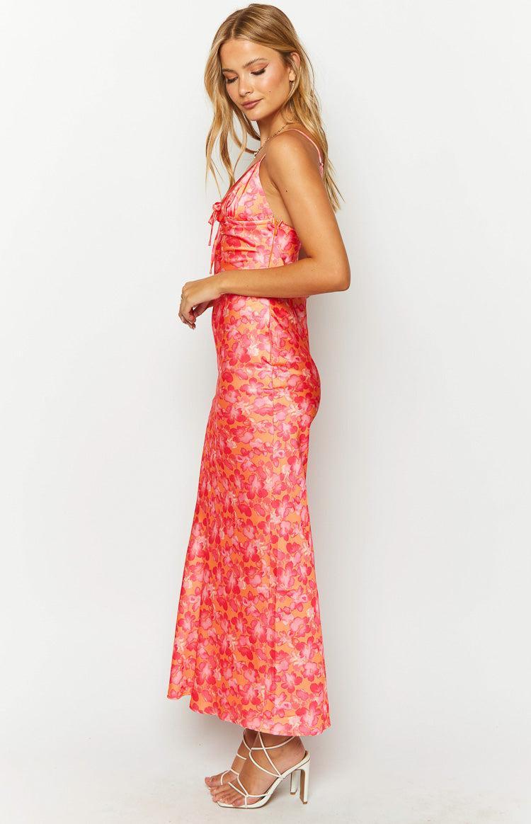 Jude Orange Floral Print Maxi Formal Dress Product Image