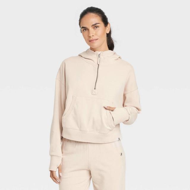 Womens French Terry 1/2 Zip Hooded Pullover Sweatshirt - JoyLab Cream L Product Image