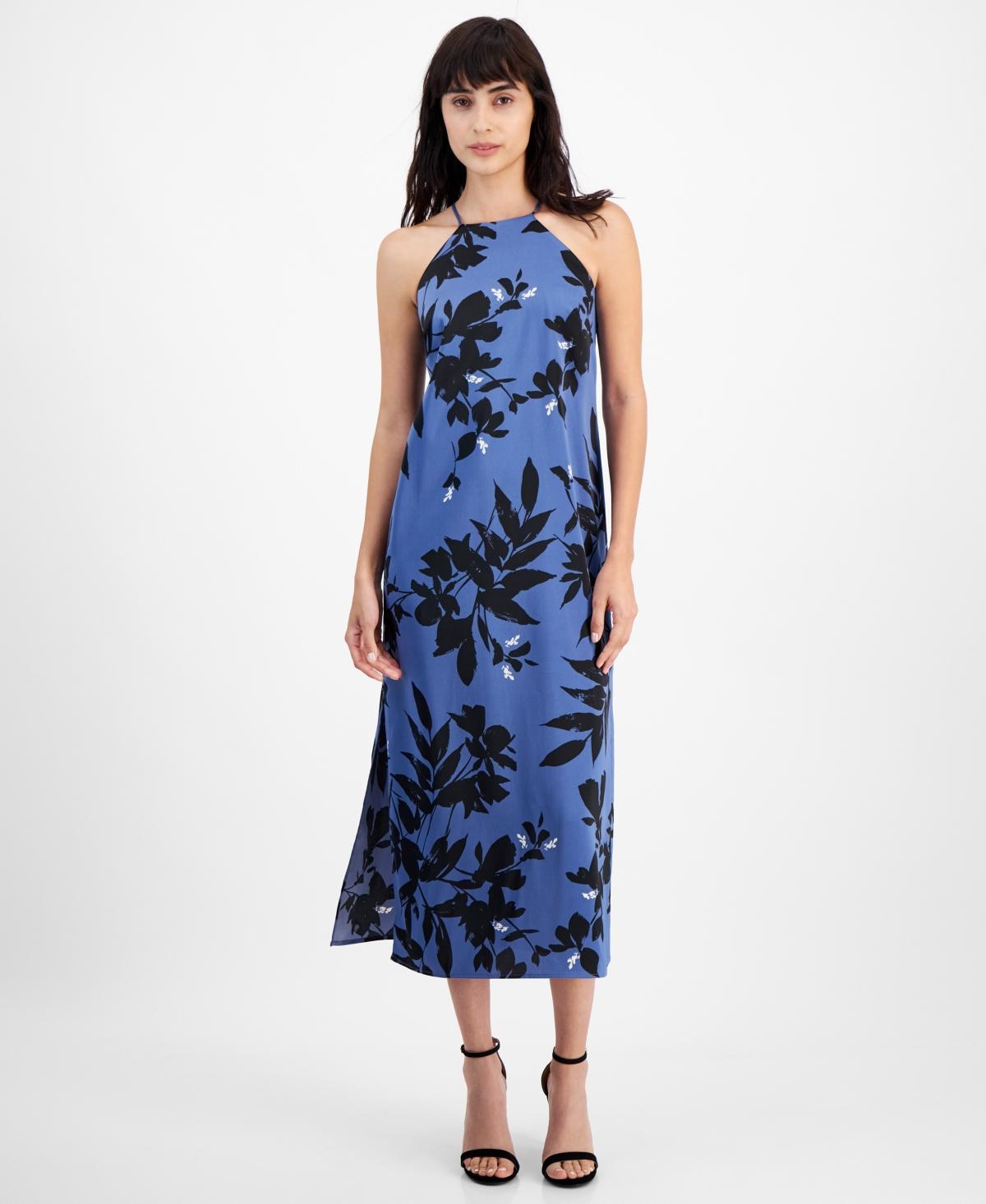 Anne Klein Womens Floral-Print Halter Maxi Slip Dress - Blue Jay Product Image