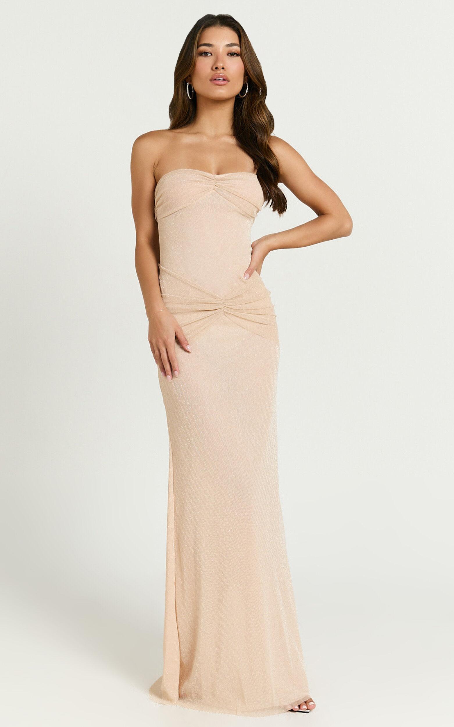 Uma Maxi Dress - Glitter Tulle Strapless Ruched Side Dress in Nude Product Image